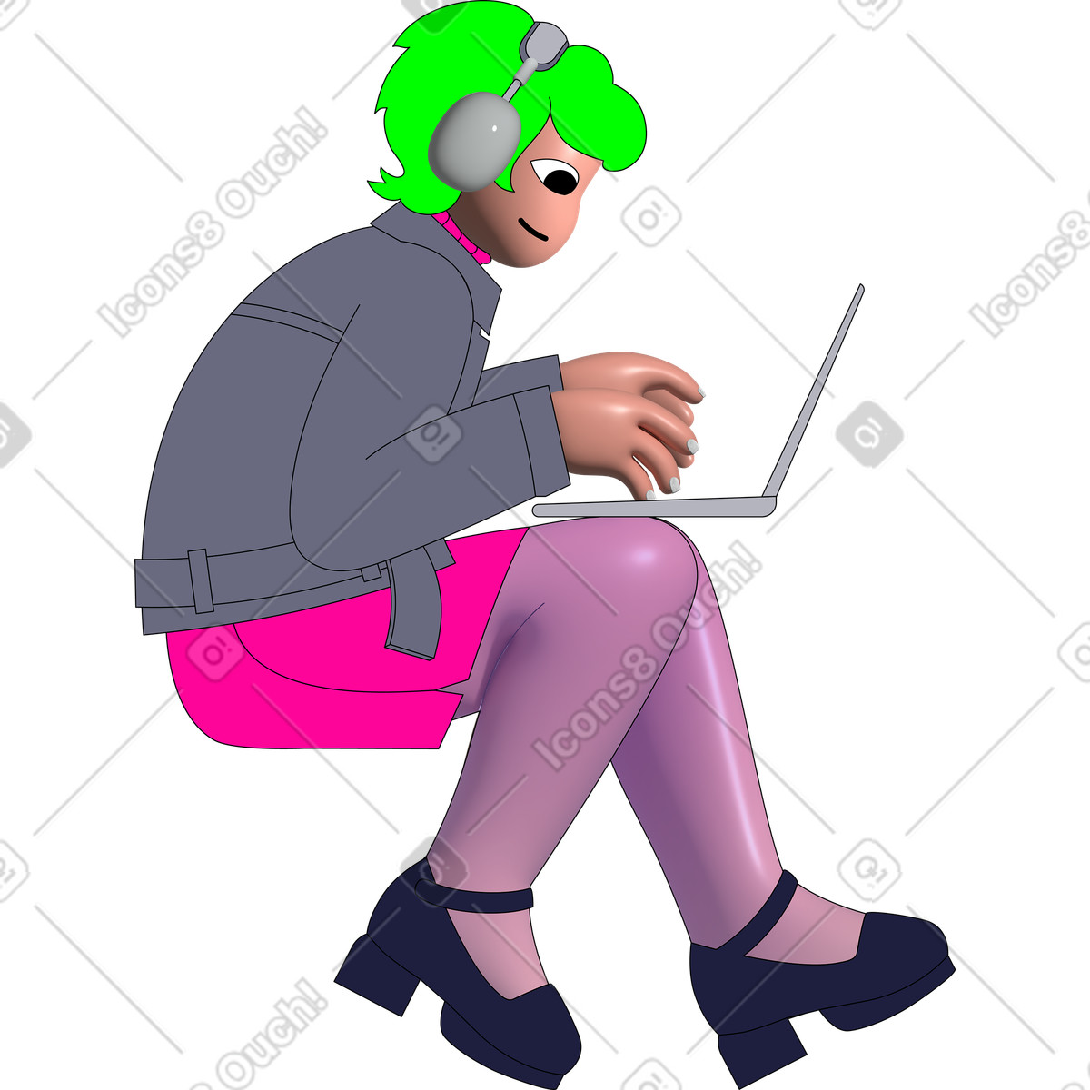 Woman typing on laptop illustration in Pop style download in PNG, SVG
