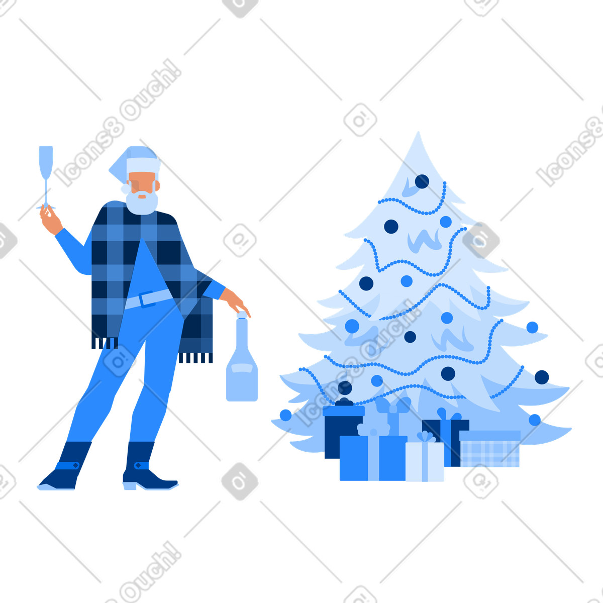 Illustration Un homme déguisé en père noël célèbre près de l'arbre dans le style Urban à télécharger aux formats PNG, SVG
