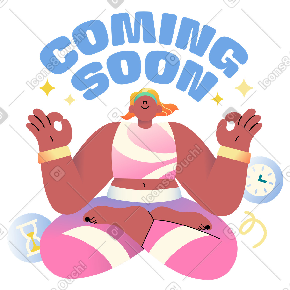 Ilustração de Em breve texto com letras uma mulher meditando no estilo Beam para baixar PNG, SVG