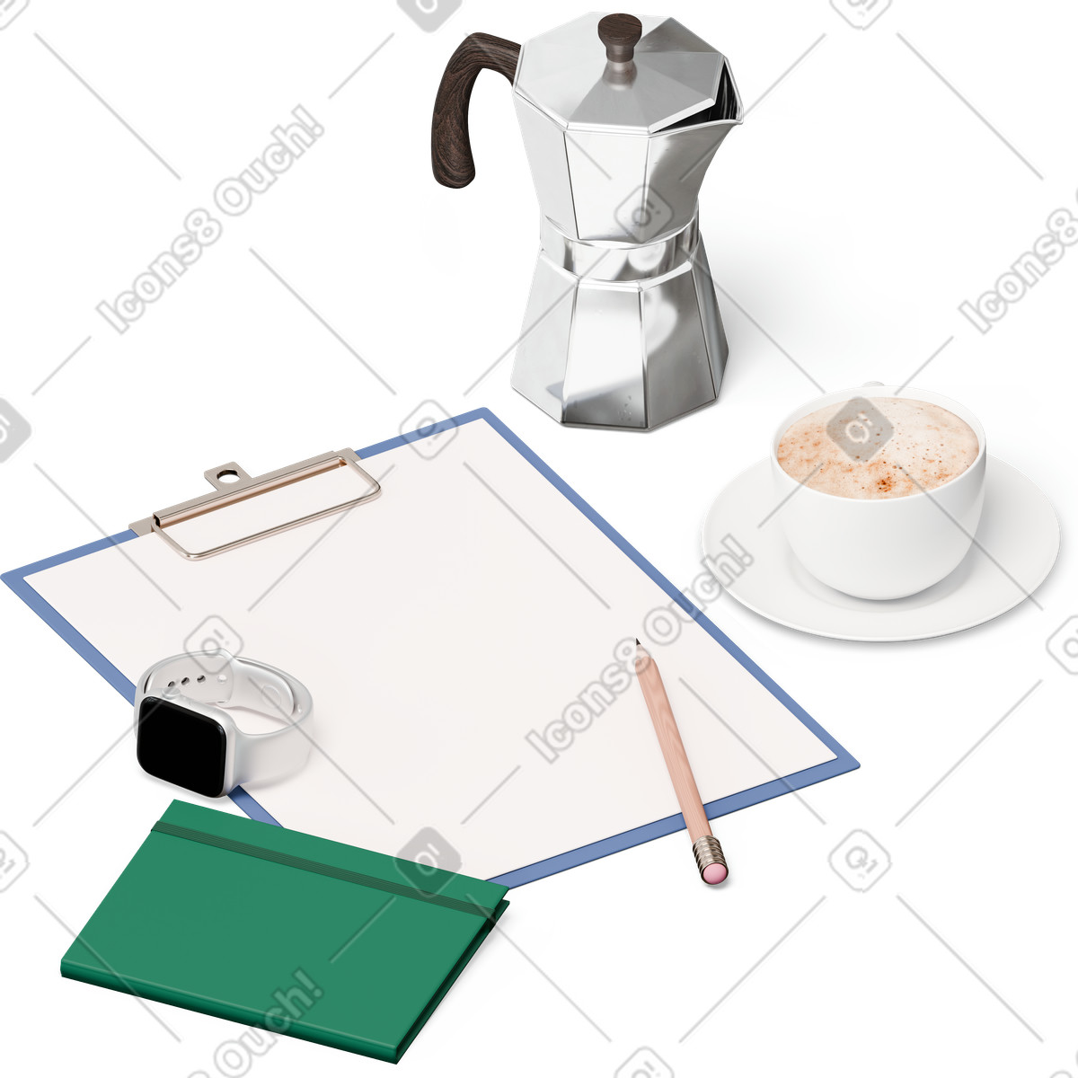 Ilustración Vista isométrica del portapapeles, moka pot, reloj inteligente, lápiz, taza de café en estilo 3D Hygge a descargar en PNG y SVG
