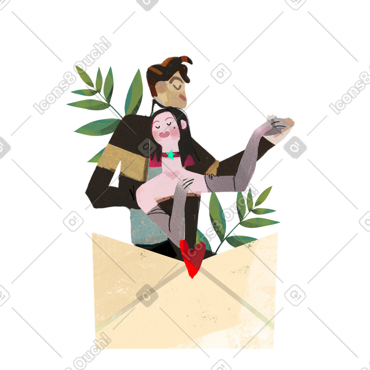 Illustration Couple in love letter, Valentine's Day or romantic greeting card dans le style Fabulous à télécharger aux formats PNG, SVG