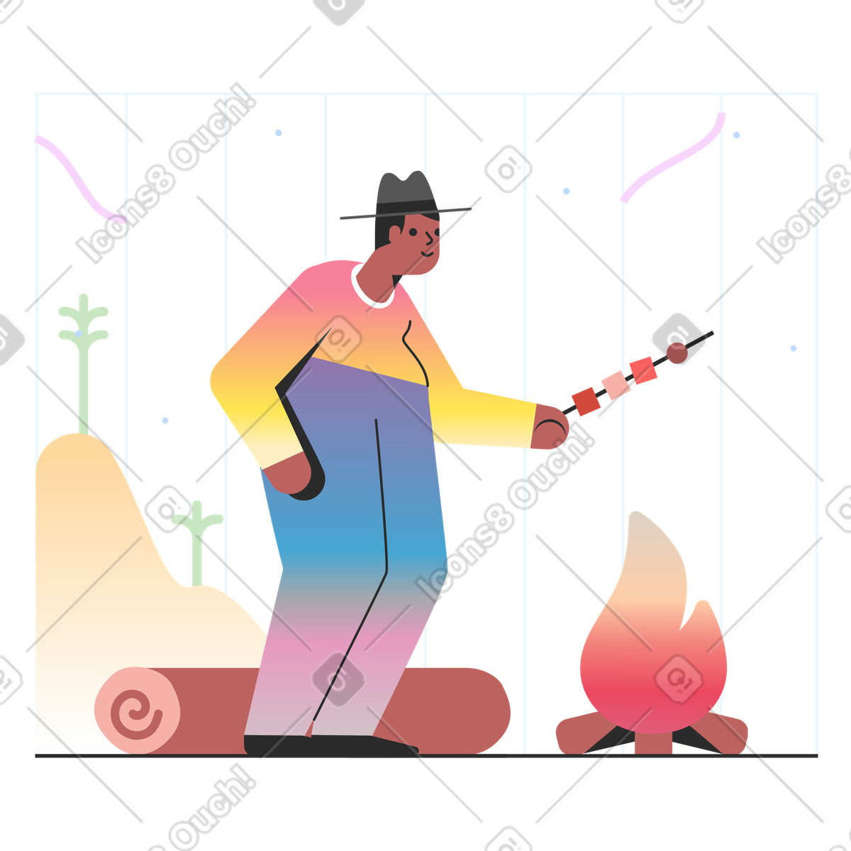 Illustration Cuisiner sur un feu de camp dans le style Marginalia à télécharger aux formats PNG, SVG