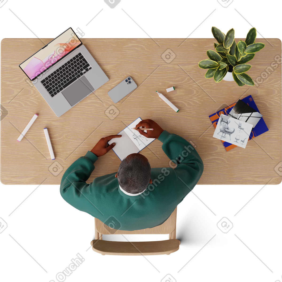 Top view of man sketching furniture illustration in 3D Hygge style download in PNG, SVG