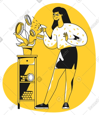 Girl tending a plant with money PNG, SVG