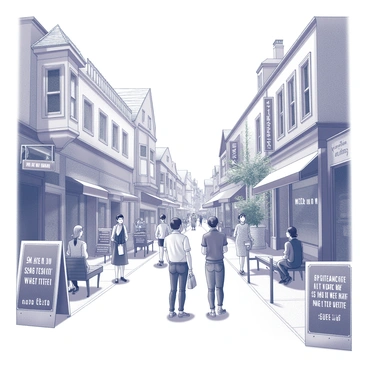 A lively street scene filled with quaint shops and buildings of varying architectural styles. The sidewalk is bustling with pedestrians, some chatting and others pausing to read humorous signs. The signs are creatively designed using conjunctions like "and", "but", and "or", arranged in playful ways to attract attention. Each sign has distinct lettering, with exaggerated typography that adds to the whimsy of the environment. Lush trees line the street, and small benches provide seating for people to enjoy the atmosphere. Brightly colored awnings adorn the storefronts, enhancing the cheerful vibe of the scene.