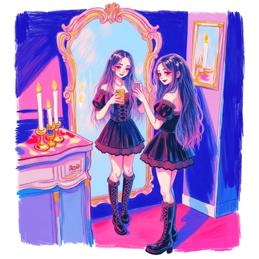 A young girl with long dark hair is standing in front of a large ornate mirror. She is wearing a gothic outfit that includes a black lace dress with ruffled sleeves, paired with knee-high lace-up boots. Her makeup is dark and dramatic, featuring smoky eyes and deep red lipstick. The room is dimly lit, with shadows playing on the walls, and there are candle holders with flickering candles on a nearby table. The girl is holding her smartphone at an angle, capturing the moment of her dramatic mirror selfie.