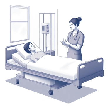 A nurse is standing beside a hospital bed, attentively using a stethoscope to listen to a patient's breathing. The nurse is wearing scrubs and has a focused expression. The patient is lying on the bed, with a slightly elevated head, looking calm. Medical equipment, such as a heart monitor and an IV stand, is visible nearby. The hospital room is equipped with white walls and a window allowing light to enter, casting subtle shadows across the room.