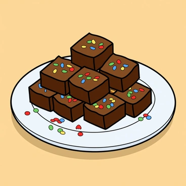 A round white plate stacked with several mini brownie bites, each cut into small squares. The brownie bites have a rich, dark chocolate color. Each brownie is topped with an assortment of colorful sprinkles, including red, blue, yellow, and green. The plate is placed on a light wooden table, and a few sprinkles are scattered around the plate, adding an extra touch of color to the scene. The lighting highlights the glossy texture of the chocolate on the brownies.