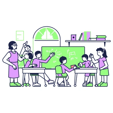 A cartoon-style classroom filled with characters engaging in various activities. In the front, a teacher with glasses is standing next to a chalkboard, writing notes in green chalk. Students are seated at desks, with one girl raising her hand enthusiastically, while another boy is looking through a colorful book. A tall boy is passing a note to a friend across the aisle, and a girl is drawing on a piece of paper. In the background, a window lets in light, revealing a tree outside. The classroom is decorated with posters and colorful supplies on the shelves.