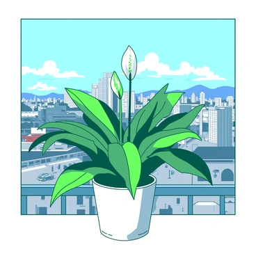 A green peace lily with broad leaves is placed in a white pot on a balcony. The balcony is adorned with a railing and small decorative features. In the background, a bustling cityscape stretches out with tall buildings, vehicles, and people moving below. The sky above is clear with a few fluffy clouds. Sunlight casts soft shadows, illuminating the leaves of the peace lily and contrasting with the vibrant colors of the city.