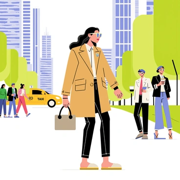 A stylish woman wearing a fashionable coat and sunglasses is walking confidently through a bustling city street. She has long, wavy hair and carries a designer handbag. Skyscrapers with large glass windows loom overhead, reflecting the sunlight. People are walking by her, some holding coffee cups, and yellow taxis are passing in the background. Trees are lined along the sidewalk, adding a touch of greenery to the urban scene.
