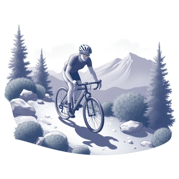 A cyclist is riding a mountain bike along a rocky trail. The cyclist is wearing a helmet and sports attire, demonstrating focused determination as they maneuver over uneven terrain. Surrounding the trail, there is dense greenery, including various shrubs and trees, creating a contrasting backdrop to the rocky path. The sunlight filters through the leaves, casting intricate shadows on the ground. In the distance, rugged mountain peaks rise, partially obscured by clouds, completing the scenic landscape.