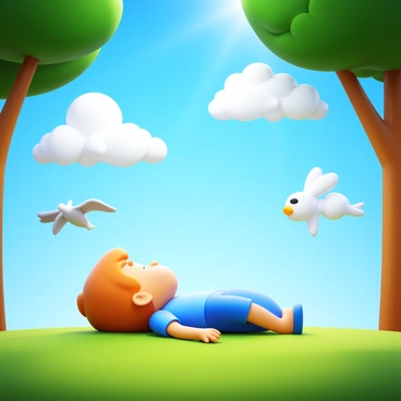 A child lying on green grass, gazing up at soft white clouds. The clouds are shaped like various animals, including a fluffy dog, a soaring eagle, and a playful rabbit. The child's expression is one of wonder as they admire the shapes above. Sunlight filters through the leaves of nearby trees, casting gentle shadows on the ground. The sky is a clear blue, adding to the tranquility of the scene.