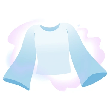 A blouse with dramatic bell sleeves is displayed against a softly colored background. The fabric drapes gracefully, showcasing its lightweight texture. The bell sleeves are wide and flow gently, creating an elegant silhouette. The overall color of the blouse features gradient pastel tones, blending seamlessly into the background.