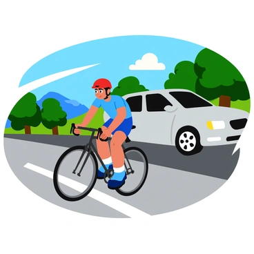 A cyclist wearing a bright red helmet and a blue cycling jersey is riding on a paved road. The cyclist has a determined expression, glaring at a nearby car that is close to them, with its front bumper nearly crossing into the cyclist's lane. The car is shiny and silver, with dark tinted windows, and it is painted against a backdrop of green trees lining the road. The pavement is gray and smooth, and the sun casts a warm glow on the scene, highlighting the cyclist's taut muscles as they maintain their balance. The cyclist's bicycle has thin tires and a sleek design, positioned in a way that emphasizes the tension of the moment.
