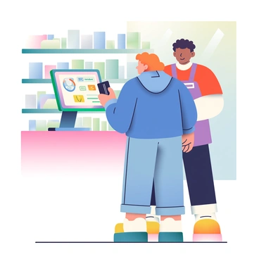 A digital point of sale terminal is prominently displayed in the foreground. The terminal has a bright screen showing a payment transaction. A customer with light skin and curly hair is standing in front of the terminal, holding a black credit card in their right hand. They are wearing a blue hoodie and denim jeans. The background features a softly blurred retail environment with shelves stocked with various products. To the side, a friendly cashier with medium skin and short hair is smiling while looking at the customer.