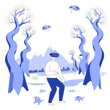 A person is wearing a VR headset, standing in a dynamic pose that suggests exploration. They have a focused expression on their face, indicating immersion in the experience. Surrounding them is an AI-generated fantasy world filled with towering, fantastical trees with twisting branches and luminescent leaves. In the background, there are distant mountains with unusual shapes, and colorful floating islands hover above a shimmering lake. Strange creatures roam the landscape, some flying through the air, while others wander across the ground. The atmosphere is filled with a sense of wonder and adventure.