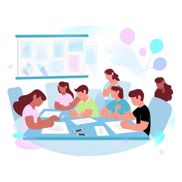 A colorful workshop setting is filled with children engaged in learning to illustrate. Several young children are sitting at tables, each with sheets of paper and a variety of colored pencils scattered around them. Some children are drawing intricate designs while others are focused on their sketches. There are drawings pinned up on a bulletin board behind them, showcasing their artworks. Above the tables, there are playful decorations such as streamers and balloons that add to the creative atmosphere.