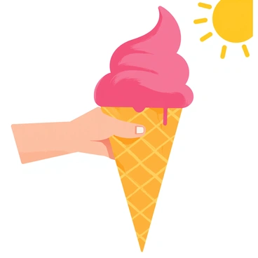A pink scoop of cherry ice cream sits atop a crispy waffle cone. A child's small hand gently holds the cone, with tiny fingers wrapped around it. The child's arm is slightly outstretched, showcasing the bright sunny day in the background. The child has a joyful expression, with a hint of ice cream dribbling down the side of the cone. The scene captures the vibrant colors of the ice cream and cone, emphasizing the delightful summer treat.