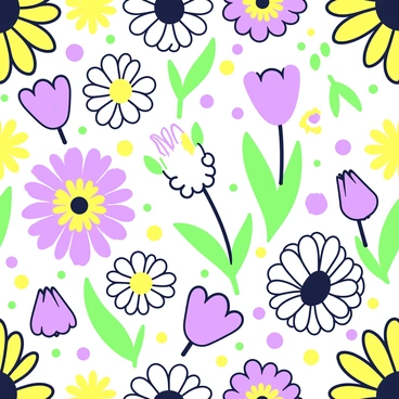 A seamless vector pattern filled with an assortment of flowers. The pattern prominently includes "daisies" with round white petals and yellow centers, alongside "tulips" with their elegant shapes and pointed petals. Scattered throughout the design are vibrant "sunflowers" with large round heads and distinctive yellow petals surrounding dark centers. The flowers are arranged in a harmonious way, creating a balanced and repetitive design that flows seamlessly.