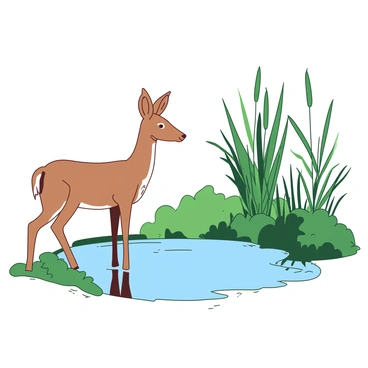 A brown roe deer standing beside a still pond, gazing at its own reflection in the water. The surface of the pond is perfectly smooth, mirroring the deer’s delicate features. Surrounding the pond, tall green reeds sway gently in the breeze, creating a natural frame around the scene. The light filters through the leaves, casting soft shadows on the soil beneath. The deer appears alert, with its head slightly tilted, its ears perked up as it observes its reflection.