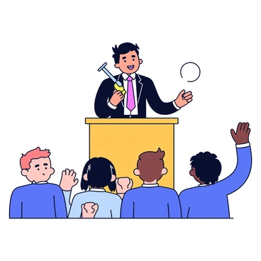 An auctioneer stands confidently in front of a simple wooden podium, holding a gavel in one hand, ready to signal the start of the auction. The auctioneer is wearing a formal black suit with a white shirt and a vibrant tie. In front of the podium, a group of eager bidders can be seen, each displaying a range of expressions from excitement to determination. Some bidders are raising their hands, while others are holding bidding paddles high in the air. The scene is set in a clean, minimalistic space with a sense of anticipation in the air.