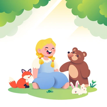 Goldilocks, a young girl with blonde hair in two braids, is sitting on a patch of soft green grass in a sunlit forest. She is wearing a light blue dress with white lace trim. Around her, various friendly forest animals gather. A curious brown bear cub with big eyes stands to her right, while a small, playful red fox with a bushy tail sits next to her. A fluffy white rabbit with pink ears nibbles on a clover nearby. Above them, trees with lush green leaves provide a canopy, and sunlight filters through, creating a warm and cheerful atmosphere. Goldilocks is laughing, and the animals appear to be playfully interacting with her, sharing this joyful moment together.