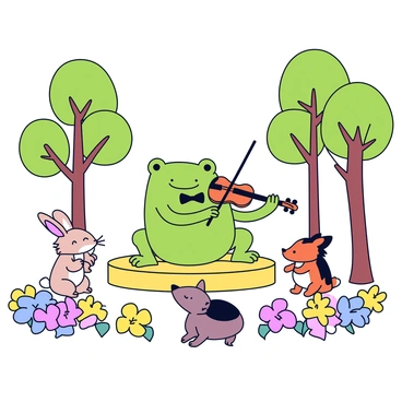 A toad with a smooth green skin is playing a violin with its front legs. The toad is positioned on a small wooden stage, wearing a tiny black bow tie. Surrounding the toad are various woodland creatures, including a curious rabbit with long ears, a small fox sitting on its haunches, and a hedgehog tapping its feet to the music. In the background, tall trees with lush green leaves create a natural setting, while colorful flowers bloom at the edges of the stage. The scene captures a lively outdoor concert atmosphere.