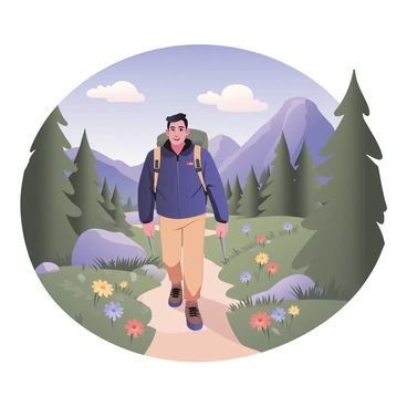 A CEO is hiking alone on a mountain trail surrounded by lush greenery and towering peaks. The CEO has short dark hair and is wearing a lightweight, breathable jacket in navy blue, paired with khaki hiking pants and sturdy hiking boots. A small backpack is slung over one shoulder. The trail is dotted with vibrant wildflowers in different colors, and a clear blue sky stretches overhead with a few fluffy white clouds. Sunlight filters through the trees, casting dappled shadows on the ground. The CEO has a peaceful expression as they take in the breathtaking scenery, with rocky outcrops visible in the distance.