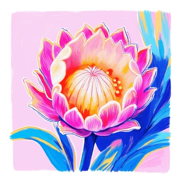 An extreme close-up of a "protea flower" showcases its "unique structure and textures." The flower's large, spiky petals are prominently displayed, with shades of pink and cream blending together. The center of the flower reveals intricate patterns, with tiny yellow stamens surrounded by delicate, curled edges of the petals. The background is softly blurred to emphasize the details of the flower, highlighting the smoothness of the stem and the rough texture of the leaves that are partially visible.