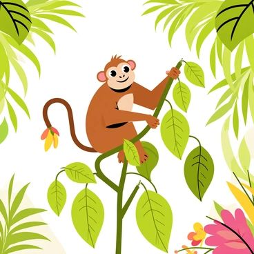 A monkey skillfully perched on a cluster of green jungle vines, showcasing its agile posture. The monkey has brown fur and a curious expression, with its tail curled around the vines for balance. Surrounding the monkey is a dense arrangement of thick foliage, featuring large green leaves and colorful tropical flowers peeking through. Sunlight filters through the canopy above, casting dappled light on the scene.