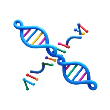 A DNA polymerase enzyme represented as a 3D icon is moving along a DNA strand. The DNA strand is depicted as a double helix with a vibrant color scheme. The polymerase is shown in an active position, engaging with the DNA, with dynamic lines suggesting motion. The setting emphasizes the interaction between the enzyme and the nucleotides on the strand, highlighting the intricate details of both the enzyme structure and the DNA.