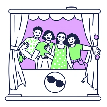 A group of four friends is standing closely together in a retro photo booth, smiling widely as they capture joyful moments. The friends are dressed in vintage clothing, with one wearing a patterned shirt, another in a polka dot dress, and the others in classic denim and t-shirts. They are surrounded by the backdrop of the booth, which features old-fashioned curtains and decorative elements. Each friend is holding a fun prop, such as oversized sunglasses and a feather boa, enhancing the playful atmosphere of the scene. The image captures their expressions and poses, conveying a sense of happiness and camaraderie.