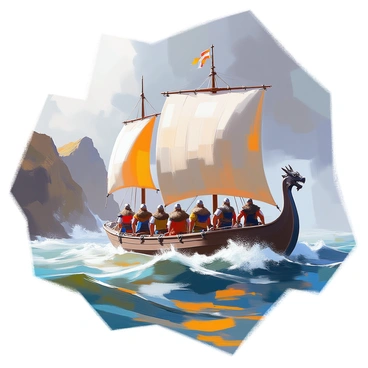 A crew of Vikings with rugged attire, wearing helmets and thick woolen cloaks, is preparing to set sail on a longship. The ship, constructed of dark timber, features a dragon figurehead at the prow. The men are busy adjusting the large, billowing sails as dark, ominous clouds gather in the sky above them. The turbulent sea churns with frothy waves, splashing against the hull of the ship. In the background, jagged cliffs rise from the coastline, partially obscured by the mist. The atmosphere is charged with energy as the Vikings face the storm, determined to brave the wild seas ahead.