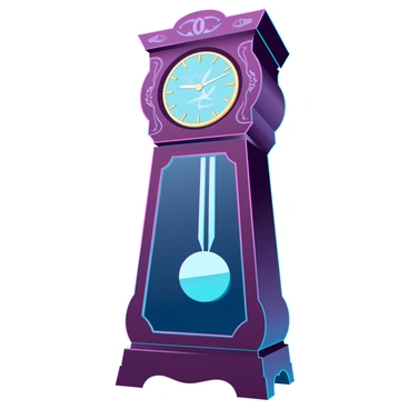 A grandfather clock made of dark polished wood, featuring intricate carvings and a gilded clock face. The clock has a large pendulum swinging back and forth steadily. The pendulum is shiny, with a silver bob that reflects light. The clock’s hands point to a specific time, and the clock mechanism is visible through a glass panel. The background is softly illuminated, highlighting the graceful movement of the pendulum.