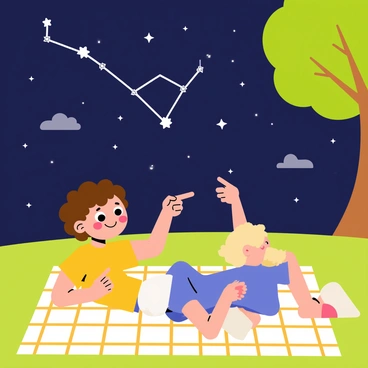 Two children lying on a checkered blanket in a grassy backyard. The first child, a girl with curly brown hair, wears a yellow t-shirt and is pointing excitedly at the night sky. The second child, a boy with short blond hair, wears a blue cap and is also pointing towards the stars. Above them, the Big Dipper is clearly visible, composed of bright white stars. The sky is dark blue with a sprinkle of twinkling stars surrounding the constellation. There are a few fluffy clouds scattered across the night sky and a large tree in the background casting a soft silhouette.
