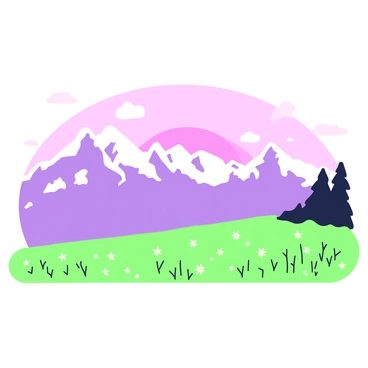 A panoramic view of the Alps during sunset as seen from the outskirts of Grenoble. The mountains are silhouetted against the sky, creating a dramatic outline. In the foreground, there is a grassy field dotted with wildflowers. The skyline features a range of peaks, some snowy and others rocky, with a few wispy clouds scattered. The sunset casts a gradient light across the sky, showcasing a transition from deep purple at the top to lighter hues near the horizon. A small cluster of trees is visible on the right side, framing the majestic mountain view.
