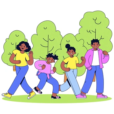 A family of four is performing shoulder rolls in a sunny park. The family consists of a father, a mother, a young girl, and a teenage boy. They are all wearing bright, casual clothing. The park is filled with lush green trees in the background. Sunlight filters through the leaves, creating playful shadows on the grass. The family members are positioned in a line, each in the process of rolling their shoulders in sync. The girl has a big smile on her face, while the others look focused and joyful.