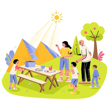 A family gathered in their backyard, using a solar cooker to prepare a meal. The solar cooker is a large, triangular device with reflective panels directing sunlight onto a cooking pot. The parents are smiling and adjusting the cooker, while two children are playing nearby on a bright green lawn. A wooden picnic table is set up with colorful plates and utensils, ready for the meal. Sunlight is shining brightly, casting playful shadows around the scene. In the background, there are trees and flowers adding vibrant colors to the backyard landscape.