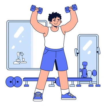 An athlete performing a shoulder press exercise while standing. The athlete is lifting two dumbbells high above their head, showcasing strong arm muscles. The individual is wearing a fitted workout tank top and athletic shorts. In the background, there is a large gym mirror reflecting the athlete's determined expression and focused stance. Various gym equipment, such as weights and benches, are visible in the surrounding area. Bright overhead lights illuminate the gym space.