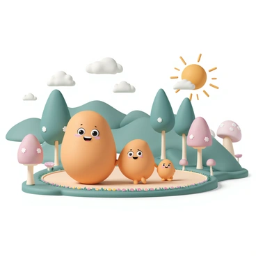 A group of three sweet potatoes, each with distinct facial expressions, are traveling side by side. The first sweet potato is large, with big eyes and a cheerful smile. The second is a medium-sized sweet potato, slightly smaller, with a playful grin and bright, curious eyes. The third is a smaller sweet potato, with a gentle smile and wide, innocent eyes. They are walking along a winding path adorned with colorful flowers and oversized mushrooms. The landscape features rolling hills in the background, dotted with fantastical trees that have unique shapes and vibrant colors. Above, the sky is filled with fluffy clouds, and the sun is shining brightly.
