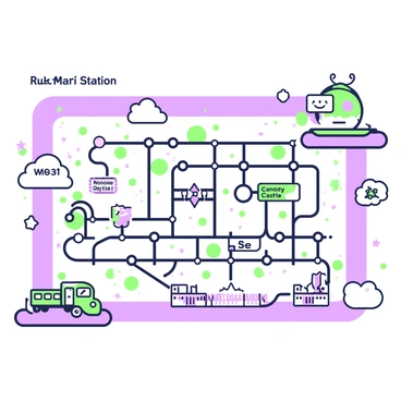 A subway map is spread out on a whimsical background. The routes of the subway are shown in green and purple lines, crisscrossing across the map. Each station is marked with a colorful icon representing its imaginative name. For example, there is a station called "Candy Castle" illustrated with a castle made of candy, and another named "Dinosaur Park" with a small dinosaur graphic. The map features playful designs, such as clouds and stars in the background, adding to the storybook atmosphere. On the corners of the map, there are friendly cartoon characters, such as a smiling train and a bubbly cloud, enhancing the lively theme.