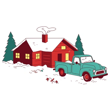 A red cozy cabin with smoke gently rising from the chimney is nestled in a snowy landscape. Outside the cabin, there is a vintage teal truck parked, adorned with colorful ribbons tied to the side mirrors and door handles. The ground is covered in a thick layer of snow, with snowflakes lightly falling from the sky. The windows of the cabin emit a warm light, creating a welcoming atmosphere amidst the winter setting. Nearby, snow-covered trees frame the scene, adding to the tranquil charm of the cabin and truck.
