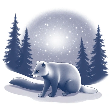 A pine marten crouched low to the ground, its body poised and alert. The animal's fur is well-defined, showcasing its sleek and agile form. In the background, a night sky filled with countless stars glimmers, casting a soft light on the scene. Tall pine trees frame the edges of the composition, their silhouettes stark against the luminous sky. The marten's keen eyes are focused ahead, scanning the surroundings for movement, while its ears are perked up, capturing even the faintest of sounds.