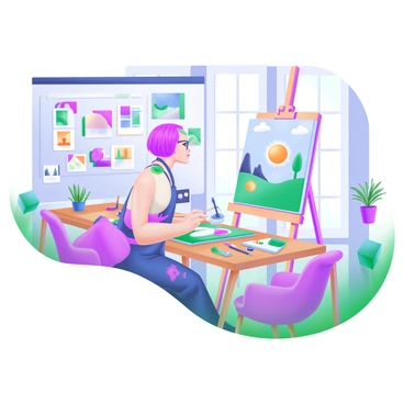 An artist is in a bright studio, working on whimsical illustrations for an advertising campaign. The artist has short, colorful hair and is wearing a paint-splattered apron. They are sitting at a large wooden table covered with various art supplies such as paints, brushes, and sketchbooks. Nearby, a mood board displays vibrant images and color swatches that inspire the artwork. Sunlight floods the room through large windows, highlighting a canvas on an easel that features playful characters and bright landscapes. Scattered around the studio are potted plants, art prints, and a cozy reading nook with a plush chair.