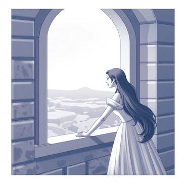 A princess stands by a tall, arched window of a stone tower. She gazes out over a vast landscape, her long hair cascading over her shoulders. Dressed in an elegant gown that flows down to the floor, she holds the windowsill with her delicate hands. Her face is lit with a hopeful expression, her eyes sparkling as she looks toward the horizon. The stone walls of the tower are rough and textured, contrasting with the softness of her appearance. Sunlight filters through the window, creating gentle shadows in the room.