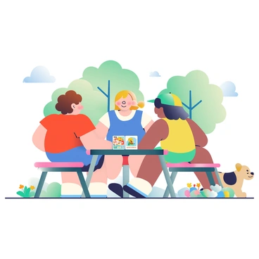 A group of three children is gathered around a small picnic table in a cheerful backyard setting. One child has curly brown hair and is wearing a red T-shirt, while another has straight blonde hair and is dressed in a bright blue dress. The third child, with short black hair, is sporting a green cap and a yellow tank top. They are all focused on a colorful card game displayed on the table, with cards featuring various vibrant illustrations scattered around them. In the background, there are green trees and a bright blue sky, while a few colorful flowers bloom near the edge of the yard. A playful dog is seen in the background, wagging its tail.