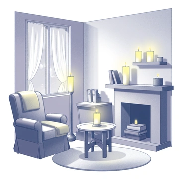 A room with soft, ambient light coming from flickering candles placed on various surfaces. The candles are arranged on a wooden table and along a mantelpiece, casting gentle shadows on the walls. The room features a cozy armchair draped with a warm blanket and a small bookshelf filled with books. A window with sheer curtains allows for a hint of moonlight to enter the space, adding to the tranquil atmosphere. The floor is covered with a plush rug that complements the overall comfort of the scene.