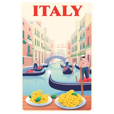 A vintage-style travel affiche promoting Italy with gondolas and pasta