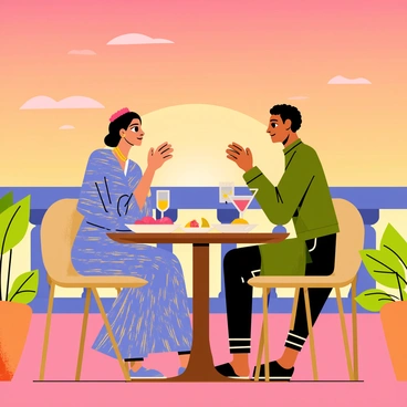 A couple sitting at a round wooden table on a terrace, enjoying a dinner illuminated by soft candlelight. The woman is wearing a flowing, patterned kaftan in shades of blue and gold, while the man is dressed in a solid-colored, elegant kaftan in deep green. The sunset casts warm hues of orange and pink across the sky, creating a romantic ambiance. Plates of colorful food and two glasses of sparkling drinks are placed on the table in front of them. Lush potted plants surround the terrace, adding a touch of greenery to the scene.